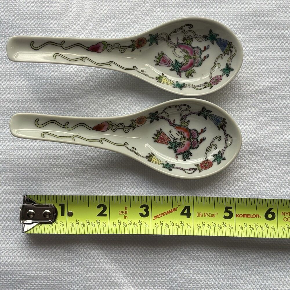 Pair Vintage Chinese Jingdezhen  Soup Spoons+Small Bowl Butterfly Floral Design. - Picture 9 of 11